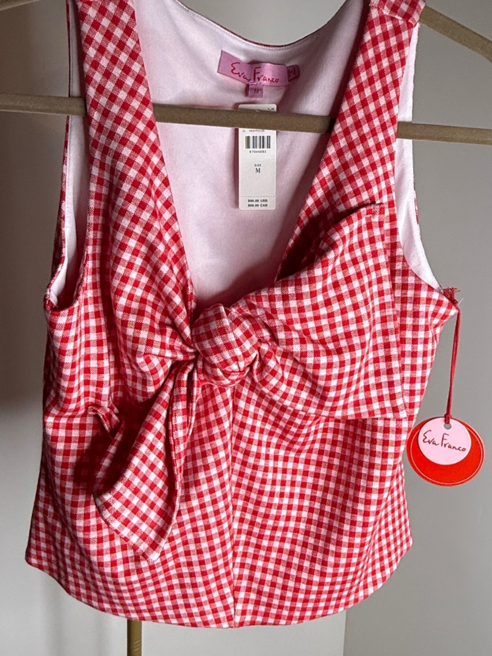 Eva Franco NWT Gingham Bow Front Crop Top Size Medium Red White - Picture 2 of 10